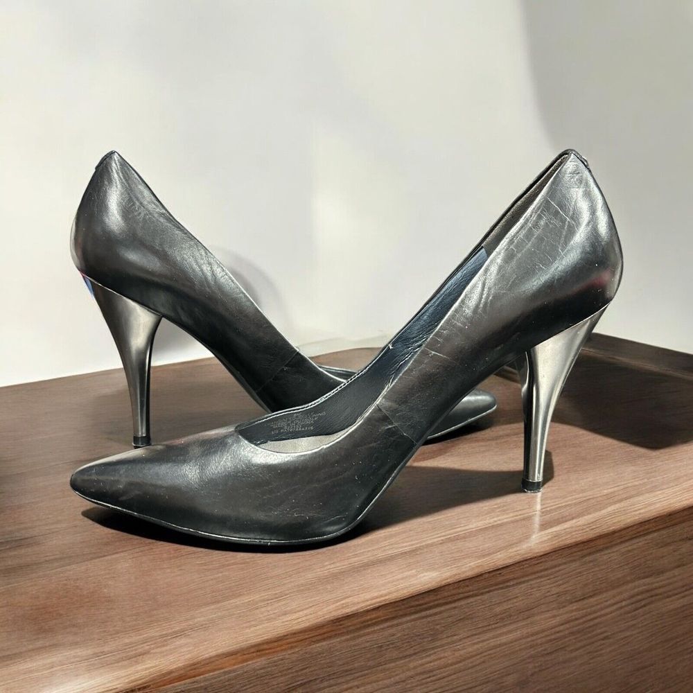 Kenneth Cole New York Silver Edition Black Leather 4" Silver Belle Heels Size 6